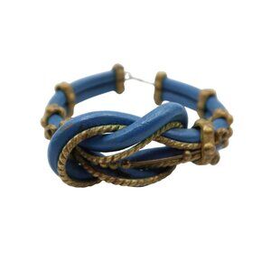 Vintage Blue Leather Cord Knot Brass Tone Cuff Bracelet Nautical Preppy